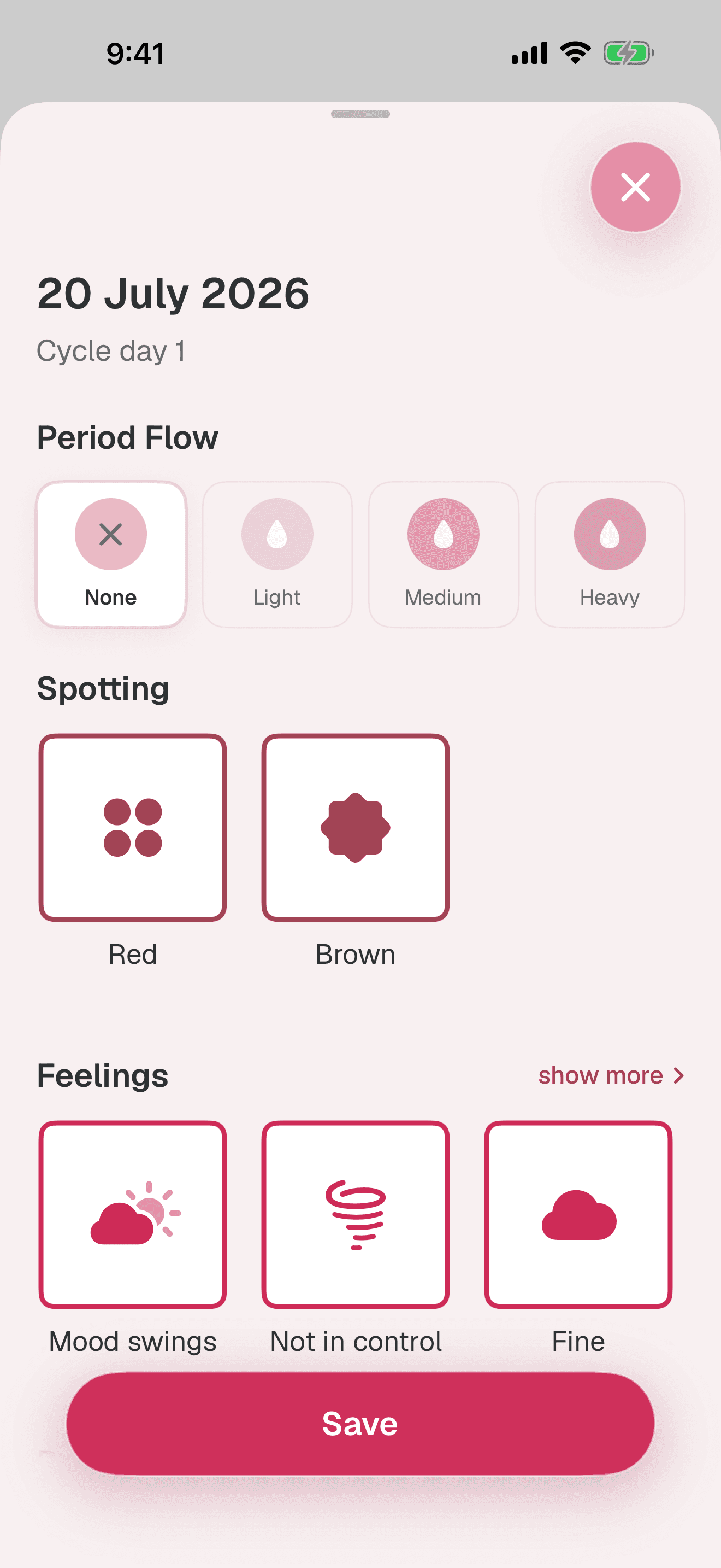 Flowy daily symptom logging screen